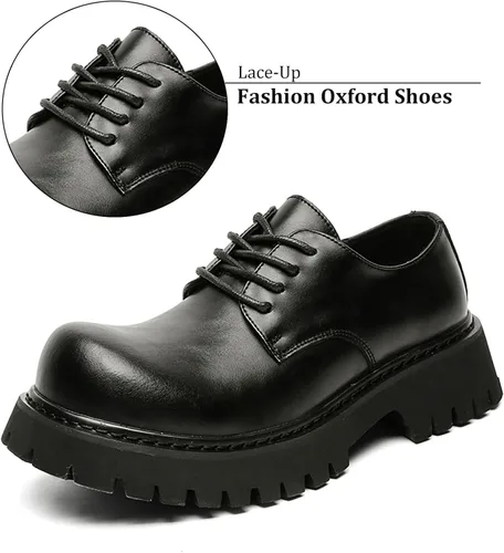 Vista 5 de Zapatos Oxford de plataforma retro para hombre, tacón grueso, con cordones, zapatos de cuero, puntera redonda grande, suela antideslizante, zapatos