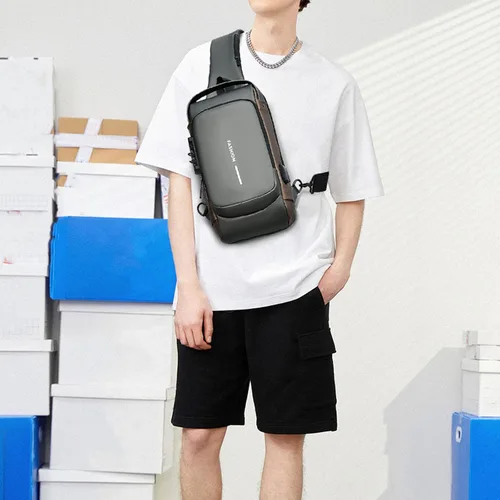 Vista 6 de Bolso cruzado para hombre, bolsa de pecho para hombre con puerto de carga USB, mochila cruzada con hombre, adecuada para uso diario y al aire libre