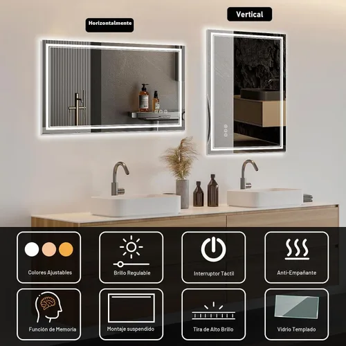 Vista 4 de Ratsamee Espejo de baño LED de 30x30 pulgadas con iluminación frontal y trasera (control independiente), espejo iluminado para pared de baño con 3 3