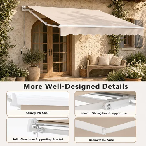 Vista 15 de Giantex Toldo retráctil para patio – Refugio solar de 8 x 6.6 pies con manivela manual fácil, estructura metálica de alta resistencia, toldo Beige