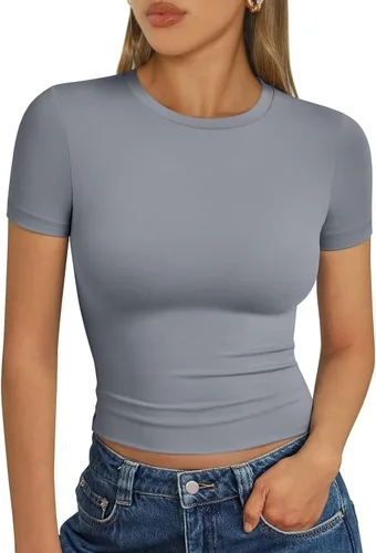 Vista 13 de Trendy Queen - Camisetas básicas para mujer, camisetas de verano 2025, de manga corta, ajustadas, para gimnasio, entrenamiento, ropa estilo Y2K