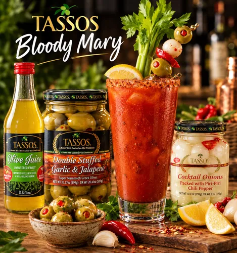 Vista 7 de Tassos Aceitunas griegas súper mamut de jalapeno-ajo con doble relleno, 35.27 onzas