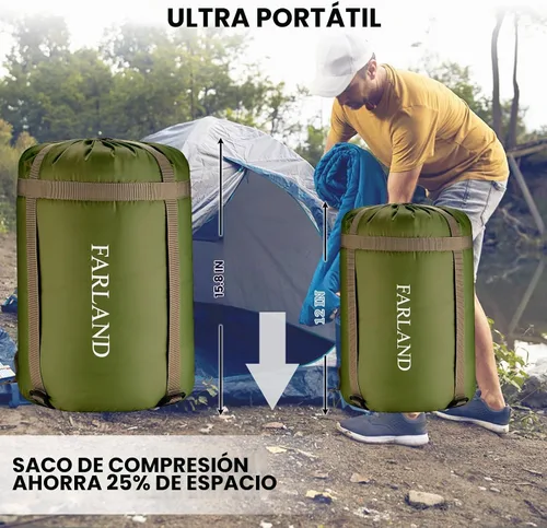 Vista 5 de FARLAND Sleeping Bag for Adults, Teens and Kids - 3 Season Camping Gear Verde militar