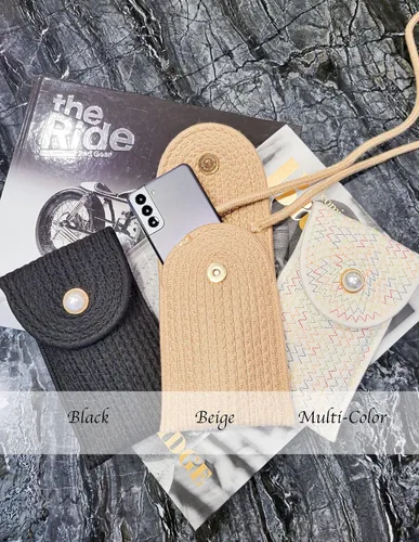 Vista 4 de Bolsa de tela tejida de ratán a mano para teléfono celular, bolsillo para tarjetas)