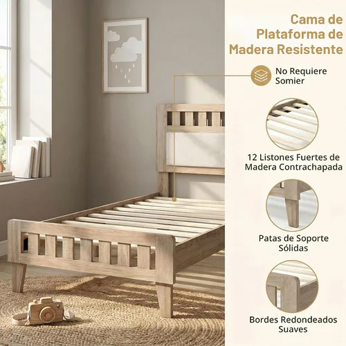 Vista 6 de KOMFOTT Base de cama individual de madera con cabecera tapizada, plataforma moderna de mediados de siglo con espacio debajo de la cama, base
