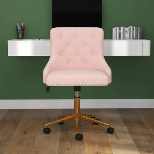 Vista 8 de Silla giratoria moderna, cómoda silla de escritorio tapizada de terciopelo con ribete de cabeza de clavo, silla de tocador ajustable sin brazos