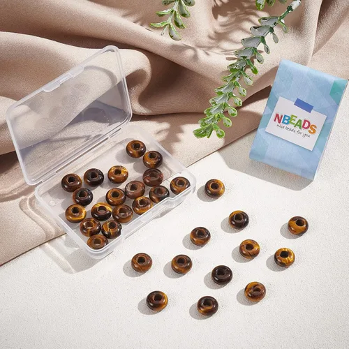 Vista 4 de NBEADS 30 cuentas europeas de piedras preciosas de 0.394 pulgadas, piedra natural de ojo de tigre, cuentas de agujero grande, cuentas de rasta