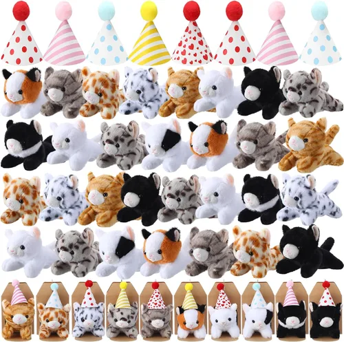 Vista 15 de Juego de 20 Mini Juguetes de Peluche Animales de Peluche Perros con Sombreros de Cumpleaños Cajas de Papel Kraft Cachorros de Peluche Pequeños