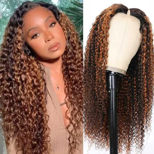 Vista 22 de KLAIYI Bye Bye Slip™ - Pelucas de cabello humano con encaje frontal 7x5, color marrón castaño degradado, rizado, sin pegamento, precortadas de 7 x