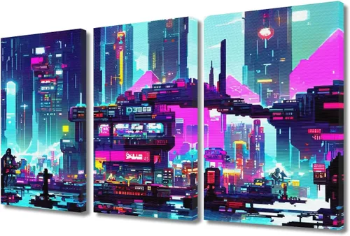 Vista 82 de Arte de pared de 3 piezas de escena de ciencia ficción de la calle comercial futurista paisaje urbano, decoración de pared para dormitorio