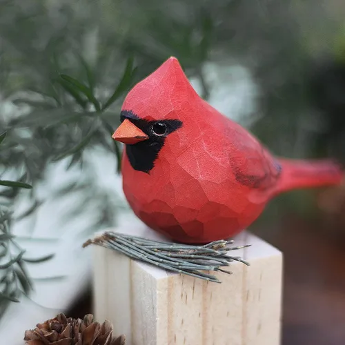 Vista 5 de Ornamento del pájaro cardenal del norte tallado a mano estatuas de madera pintadas para la decoración casera