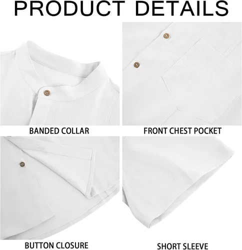 Vista 5 de Makkrom Camisa guayabera de lino para hombre, con botones, manga corta, casual, cubana, mexicana, cuello de banda, tops de verano para la playa