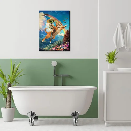 Vista 5 de Lienzo de paisaje victoriano OVNI para pared, diseño divertido de alienígena montando un gato, cuadros eclécticos de gato, póster impreso