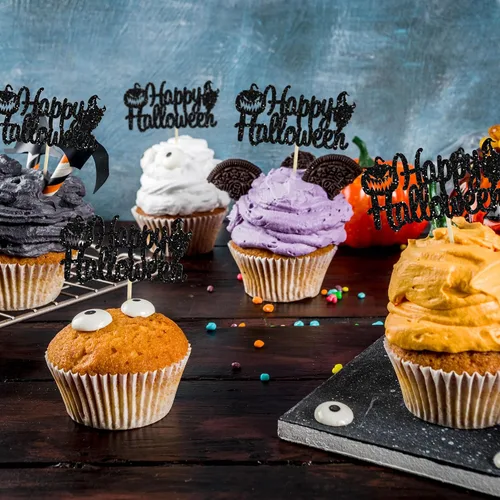 Vista 7 de Gyufise 24 adornos para cupcakes de Halloween con calabaza, fantasma, purpurina negra, decoraciones para cupcakes para niños, decoración de fiesta
