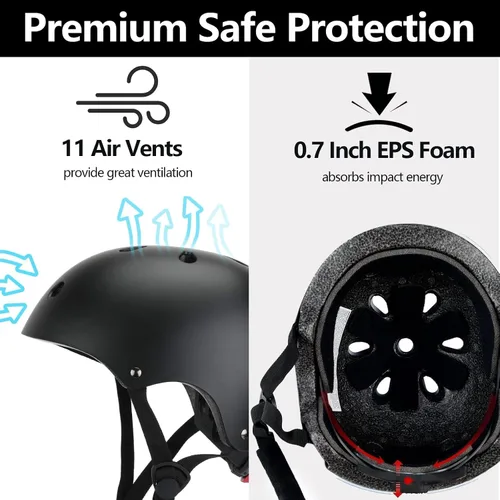 Vista 7 de Juego de casco de bicicleta para niños, certificado CPSC con rodilleras, coderas, muñequeras, casco negro ajustable para niñas de 2-3-5-8 años