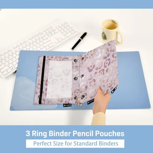 Vista 5 de Estuche para lápices con estampado de leopardo, guepardo, oro rosa, para carpeta de 3 anillas, 2 bolsas para lápices con cremallera, estuche