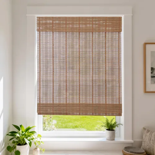 Vista 12 de Cortinas Letau de madera, estilo romano, para ventanas, con cenefa, filtran la luz Marrón almendra