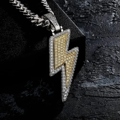 Vista 27 de JINAO Hip Hop - Colgante con diseño de rayo chapado en oro de 18 quilates con circonita cúbica con micropave de imitación de diamante para hombres