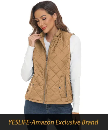 Vista 6 de YESLIFE Chaleco acolchado para mujer 2024 con un bolsillo interior, chaleco acolchado ligero con cuello alto para mujer