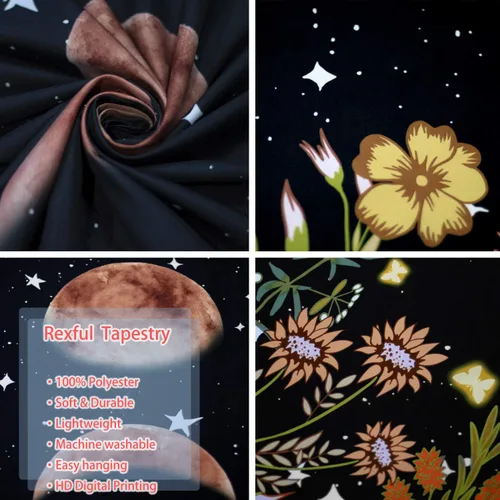 Vista 6 de Rexful Tapiz de jardín iluminado por la luna, fase lunar rodeada de plantas y flores, manta negra para colgar en la pared, 36 x 48 pulgadas