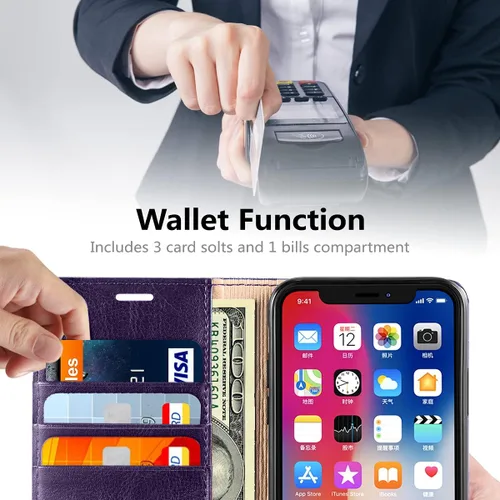 Vista 3 de Belemay Funda tipo cartera compatible con iPhone X, compatible con iPhone 10, piel de vaca genuina con tapa [bloqueo RFID], tarjetero, funda