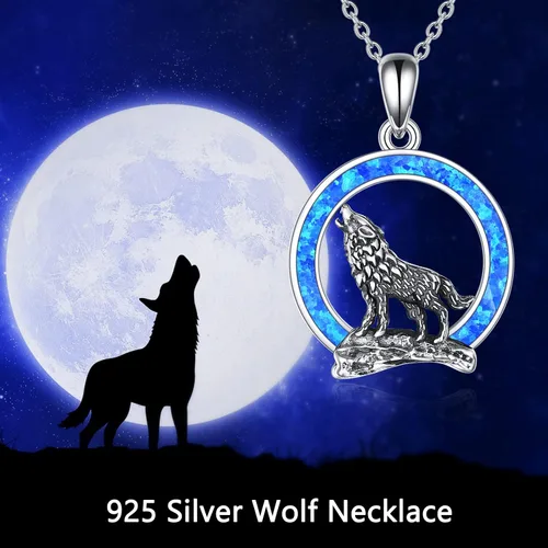 Vista 5 de YFN Collar de lobo, regalo para hombres y mujeres, plata de ley, ópalo y luna lobo, joyería de cumpleaños para amantes del lobo, 18+2 pulgadas