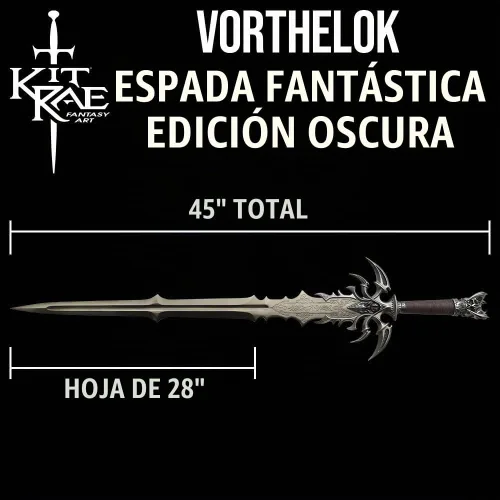 Vista 2 de Kit Rae Vorthelok Dark Edition Fantasy Sword - Hoja de acero inoxidable, envoltura de cordón de algodón encerado, empuñadura de metal fundido