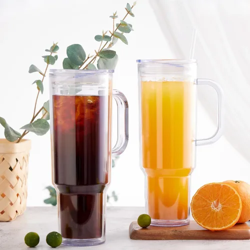 Vista 7 de Vaso de plástico de 40 onzas con asa y tapa de pajilla, vaso transparente, botella de agua de plástico reutilizable de doble pared al vacío, taza