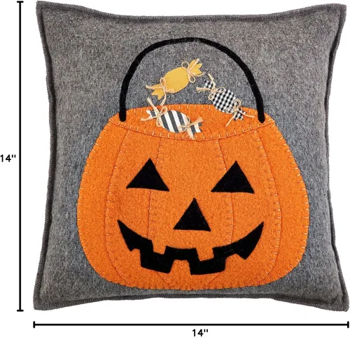 Vista 3 de Mud Pie Almohada de Fieltro de Halloween, Calabaza, 14" x 14