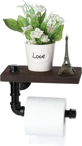 Vista 6 de Soporte de papel higiénico con estante, colgador industrial de papel higiénico montado en la pared con estante de madera rústica para baño, baño