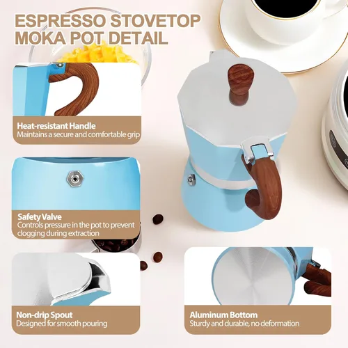 Vista 4 de Cafetera de aluminio con 3 tazas de 150ml (5.1 fl oz) Moka Pot Express, cafetera de café expreso para estufa, colorida cafetera italiana