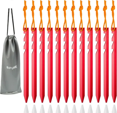 Vista 7 de Juego de 12 estacas de aleación de aluminio con cuerdas reflectantes, estacas de metal ligeras para acampar tiendas de campaña, hamacas Naranja