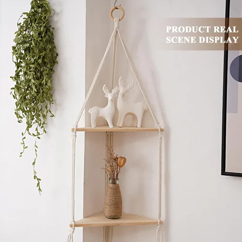 Vista 5 de ARMERI Estante colgante de macramé, decoración de pared bohemia de 3 niveles, cuerda de algodón hecha a mano, estantes flotantes de madera rústica