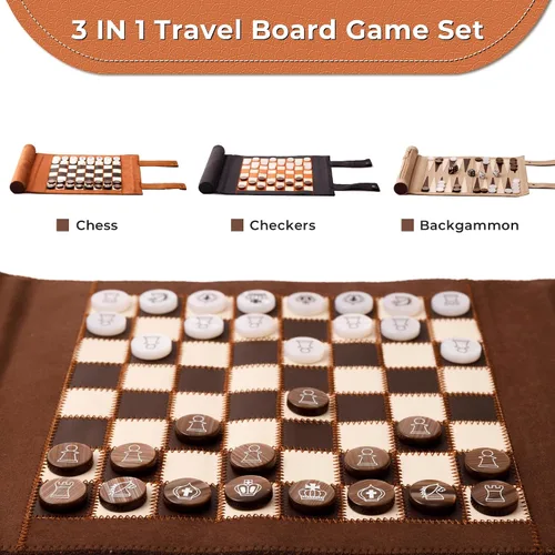 Vista 3 de Woodronic Juego de damas de backgammon de ajedrez de viaje 3 en 1, juego de backgammon de cuero enrollable con 32 piezas de perlas premium y 5