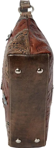 Vista 6 de American West Hand Tooled Handcrafted 100% Genuine Leather Zip-Top Shoulder Bag Desert Wildflower Collection Western Marrón