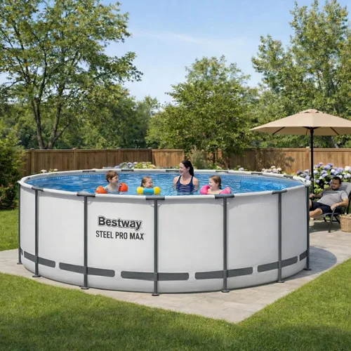 Vista 2 de Bestway Steel Pro MAX - Piscina sobre el suelo de 15 x 48 pulgadas, juego de piscina para exteriores con estructura de metal redondo con bomba