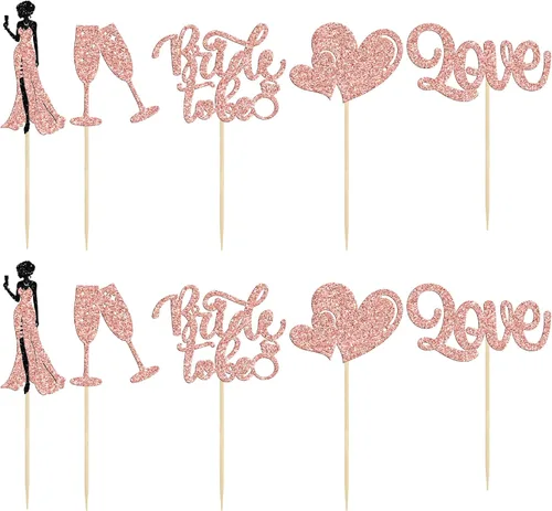 Vista 3 de 30 piezas de decoración para cupcakes con purpurina champán y corazón, para despedida de soltera, bodas, compromisos, despedidas de soltera, Oro Rosa