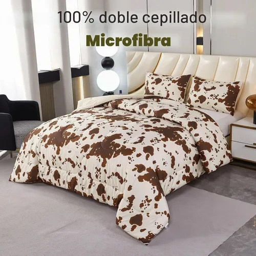 Vista 2 de PERFEMET Juego de ropa de cama con estampado de vaca marrón y beige, juego de edredón de 3 piezas de piel de vaca de dibujos animados para niños