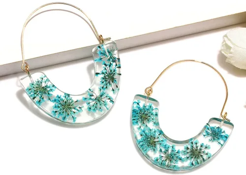Vista 5 de Pendientes de aro de resina para mujer, diseño de flores prensadas