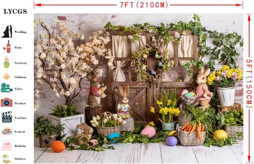 Vista 4 de Telón de fondo de Pascua de primavera de 7 x 5 pies, fondo de fotografía de Pascua, conejo, color huevos, flores, fondo de madera rústica, telón