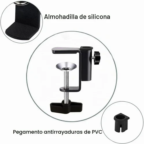 Vista 4 de Soporte de clip de aluminio con abrazadera en C para cámara/monitor, escritorio y soporte de mesa para micrófono/micrófono y tableta (negro)