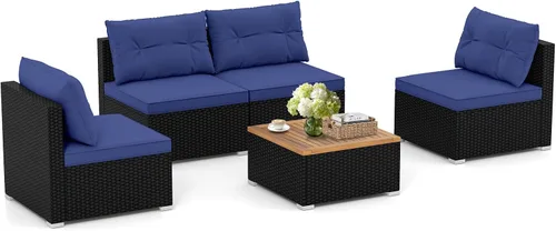 Vista 10 de RELAX4LIFE Muebles de mimbre para exteriores de 5 piezas, juego de conversación seccional de ratán PE con 4 sofás sin brazos y mesa de centro de Gris
