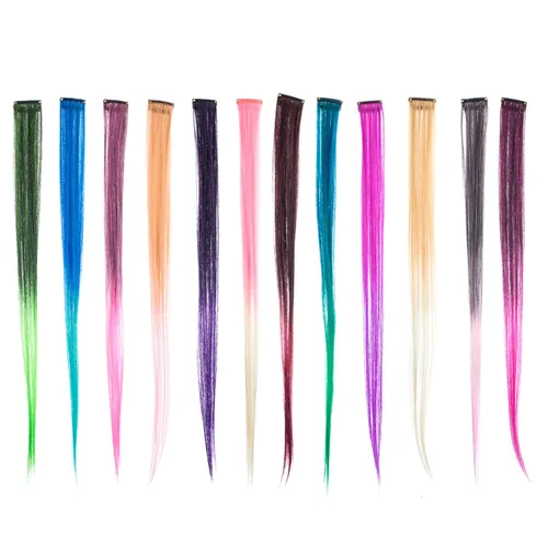 Vista 23 de SWACC 12 extensiones de cabello lacio de un color con clip, para mujer, extensiones de cabello sintético con rayas de color (rubio beige)