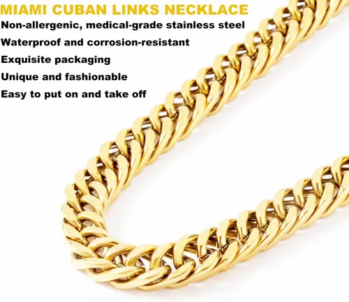 Vista 5 de Tuewut Collar de cadena cubana para hombre, 0.315 in grueso Miami plata oro acero inoxidable hip hop, 1820222426 pulgadas de longitud - con caja