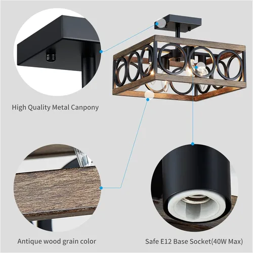 Vista 3 de XINGQI Moderna lámpara de techo semiempotrada de 4 luces de 13 pulgadas para sala de estar, comedor, dormitorio, grano de madera antigua+acabado