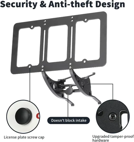 Vista 2 de Soporte para placa de matrícula modelo 3 2023-2017, altura ajustable y sin perforación, soporte para placa frontal con características antirrobo