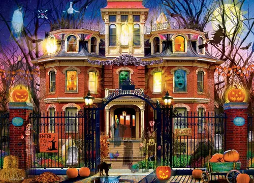 Vista 2 de MasterPieces Rompecabezas de Halloween de 1000 piezas, casa embrujada en la colina, colores llamativos del equipo, material reciclado, adolescente