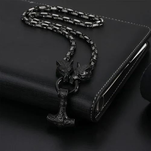 Vista 4 de OIDEA Viking Mjolnir Necklace for Men with Wolf Head King Chain, Stainless Steel Viking Amulet Thors Hammer Necklace Norse Pagan Jewelry,22 inch