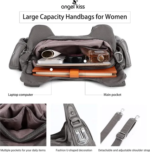 Vista 4 de Angelkiss - Bolsos y bolsos de mano para mujer, de cuero vegano lavado, bolso cruzado de hombro