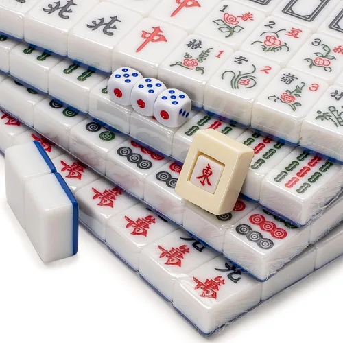Vista 3 de Yellow Mountain Imports Juego de mahjong chino, "Azure Fortune" con 146 azulejos grandes, caja de aluminio, indicador de viento y dados, sin números